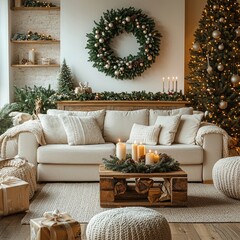 Wall Mural - Cozy and stylish christmas living room interior with design armchair, christmas tree, gifts, wooden laterns, blue wall, red pillow, christmas balls decoration. Santa claus is coming, Generative AI