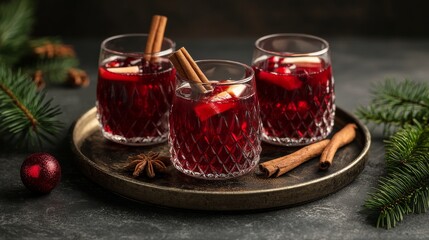 Poster - Festive cranberry drinks with cinnamon served on an ornate tray during a celebration