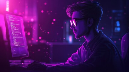 A young man with glasses is sitting at a computer with neon lights in the background. He is typing on the keyboard and looking at the screen.