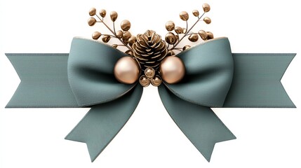 a luxurious Christmas bow clipart, velvet ribbon, watercolor illustration, deep green with gold accents, isolated on white background