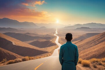 Man overlooking desert landscape at sunrise symbolizing adventure