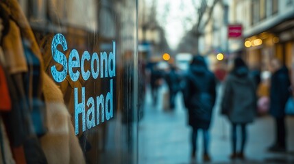 Blurred view of people walking in the shopping district with a focus on a vintage clothing store sign that reads Second Hand