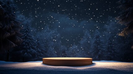 Aufkleber - A circular wooden platform sits in the middle of a snowy forest. The background is a dark blue sky filled with stars and snow.