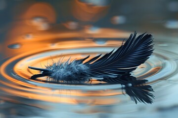 Canvas Print - A Serene Feather Floating on Water with Captivating Reflections