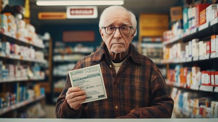 Thoughtful senior man in casual attire holding a paper document while standing in a drugstore aisle with shelves around him.