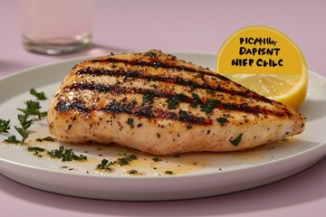 Grilled Chicken Breast with Lemon Wedge and Parsley on a White Plate