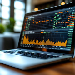 laptop displaying financial graphs and data in modern workspace, showcasing trends and analytics. vibrant colors of graphs highlight market fluctuations and insights