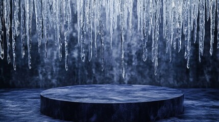 Poster - Stalactites of ice dangle from above in a chilly, dimly lit space, with a circular stone platform at the center, creating an atmosphere of winter's grip and mystery.
