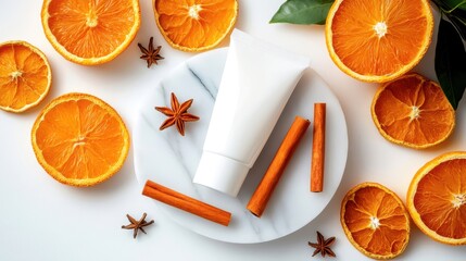 A fresh arrangement of orange slices and cinnamon on a marble plate.