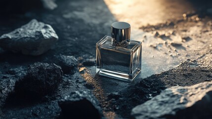 
A luxurious premium perfume bottle rests on a textured black stone surrounded by dark sand and a rough surface.