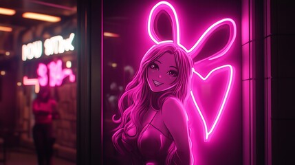 Wall Mural - Neon Sign with Bunny Ears and Anime Girl.