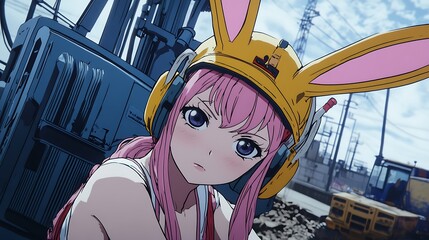 Poster - Anime Girl in a Yellow Construction Helmet with Bunny Ears.