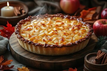 Apple pie decorated with lattice overhead shot, fall baking concept