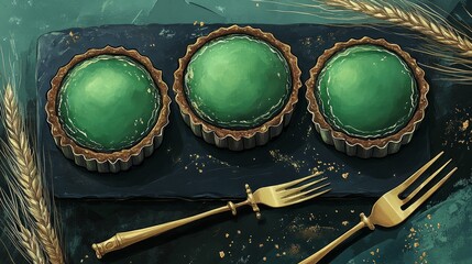 Three green tarts on a black slate plate with gold forks and wheat stalks.