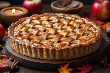 Apple pie decorated with lattice overhead shot, fall baking concept