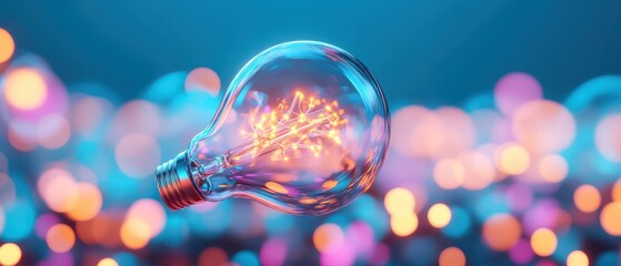 Wall Mural - Illuminated light bulb glowing against a colorful bokeh background.