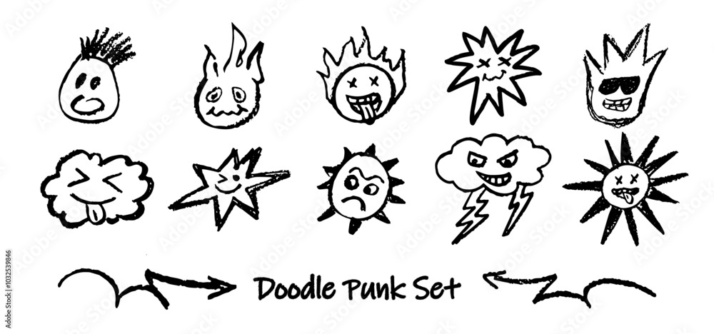 Set of doodle punk heads. Collection of vector black charcoal outline ...