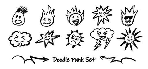 Wall Mural - set of doodle punk heads. collection of vector black charcoal outline faces handdrawn humor emotions