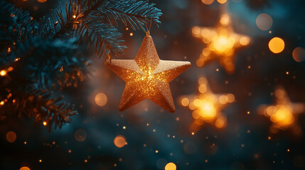 A Christmas decoration star . With bokeh background and tree behind