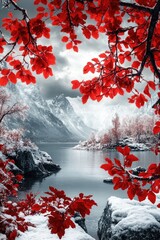 Poster - Snowy Lake with Red and Black Reflection