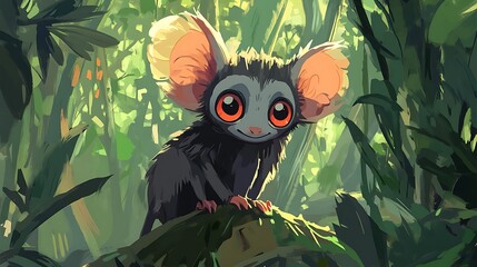 Poster - Cute Cartoon Animal with Large Ears in a Lush Jungle.