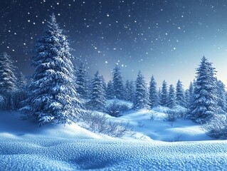 Wall Mural - the scene is a wintery forest with snow-covered trees and a starry night sky it's a serene and tranq
