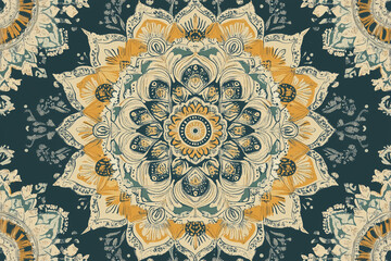 The scene is a detailed mandala pattern in shades of gold yellow white and teal on a dark teal background The mandala is composed of overlapping floral shapes and swirls