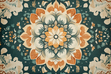 The scene is a close-up of a floral patterned fabric The fabric is a dark teal color with a textured surface The pattern is made up of large stylized flowers