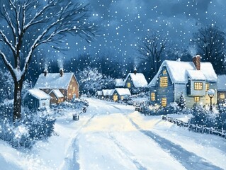 Wall Mural - the image is a winter scene of a small village with snow-covered houses and a path leading through t