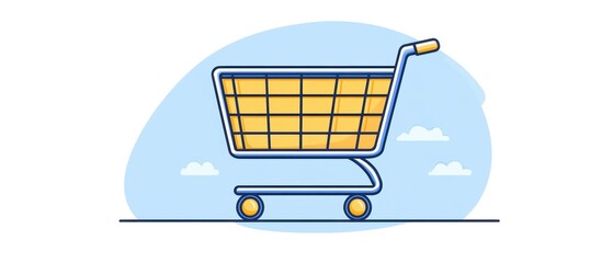 Shopping cart illustration with a blue background and soft clouds.