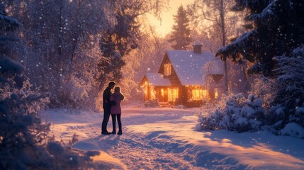 Poster - A couple stands in an embrace, surrounded by fresh snow. The cozy cabin behind them glows warmly under the twilight sky, creating a romantic atmosphere amidst the serene winter landscape.