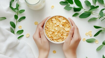 Wall Mural - Top view of hands holding a bowl of corn flakes cereal with milk and green leaves on white background.