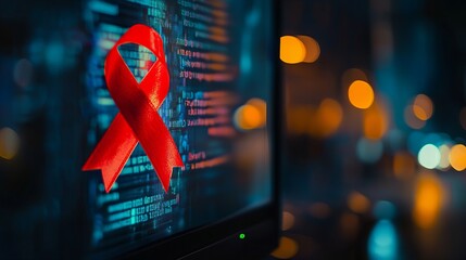 A red ribbon, a symbol of awareness, is displayed on a computer screen with code in the background.