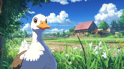 Poster - A Curious Goose Gazes at a Rural Scene.