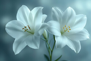 Description:** Two elegant white lilies gracefully blooming against a soft, blurred background.