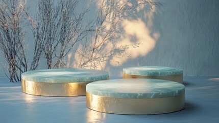 Poster - Three round platforms are shown in a winter scene. Each platform has a gold base and a blue top with a marbled texture.