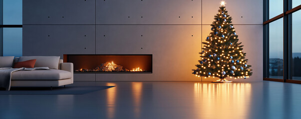 A cozy modern living room decorated for the holidays with a beautifully lit christmas tree and a warm fireplace emphasizing comfort and style