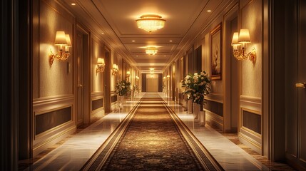 Wall Mural - Elegant hotel corridor with warm ambient lighting and luxurious carpet 