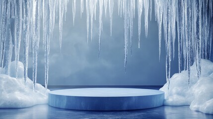 Fototapete - A circular icy platform surrounded by glistening stalactites and soft snow drifts creates a serene winter atmosphere, evoking a sense of calm and beauty in a mystical cave environment.