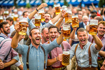 Men in traditional Bavarian lederhosen enjoying Oktoberfest, raising beer mugs in a festive, lively crowd