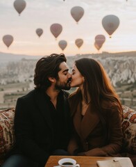 Romantic sunset kiss between a couple amid hot air balloons 