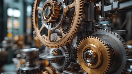 Wall Mural - Close-up of intricate mechanical gears and machinery.