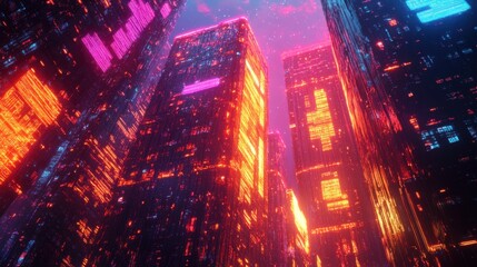 Abstract cityscape with glowing neon skyscrapers and futuristic architecture, creating a vibrant and energetic urban atmosphere.