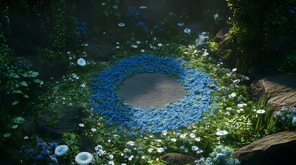 Wall Mural - Lush blue forest area, forest mushroom fairy circle top down view