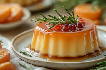 Delightful caramel dessert garnished with fresh herbs in a cozy setting