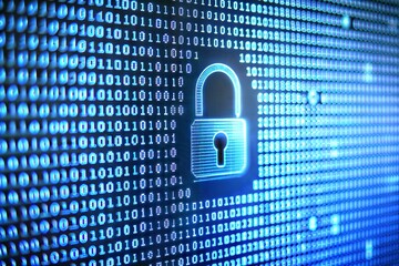 Digital lock symbol on binary code background representing cybersecurity