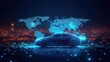 © Zahfran - Glowing blue polygonal car and world map for global connectivity