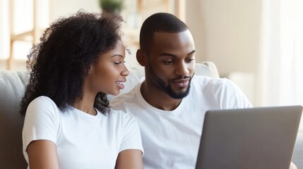 Man and woman sitting together, collaborating over a laptop, minimal background with copy space focusing on their discussion.