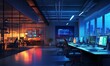 © jambulart - Nighttime office with city view and computer screens.