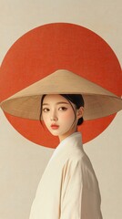 Young asian woman wearing a traditional, ethnic conical hat and white clothes is posing in front of a red circle on a beige background; oriental mood vertical poster